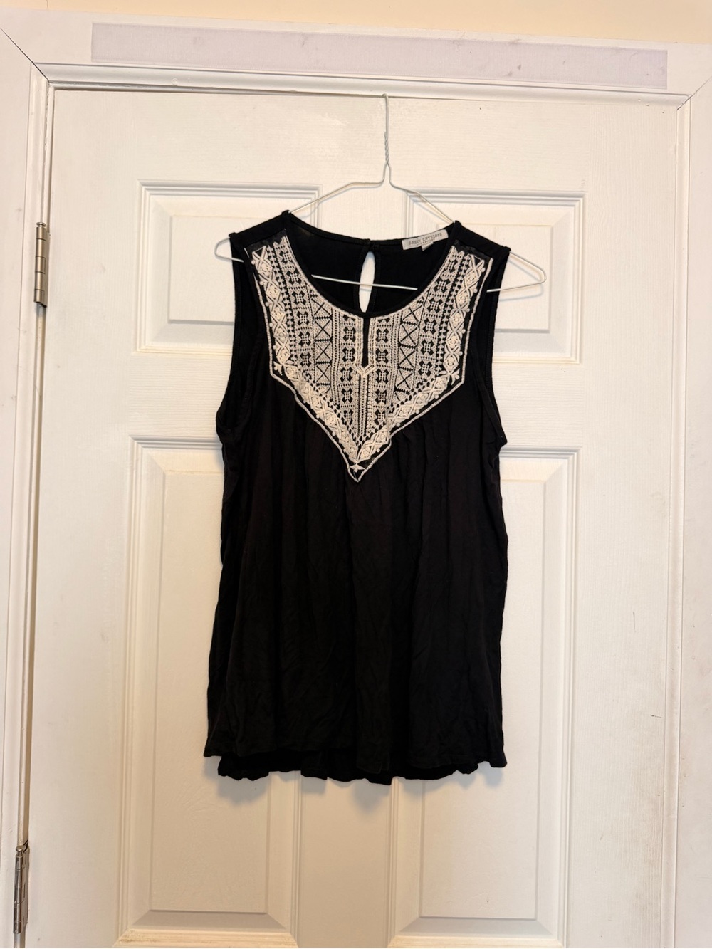 Green Envelope Black Sleeveless Top with White Embroidered Yoke